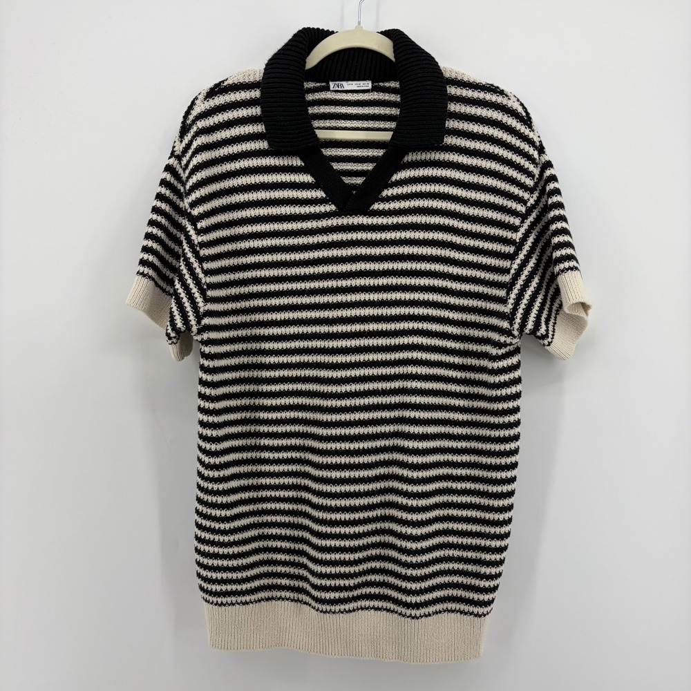 Zara Womens Medium Black Cream Striped Short Sleeve Polo Sweater Knit V-Neck